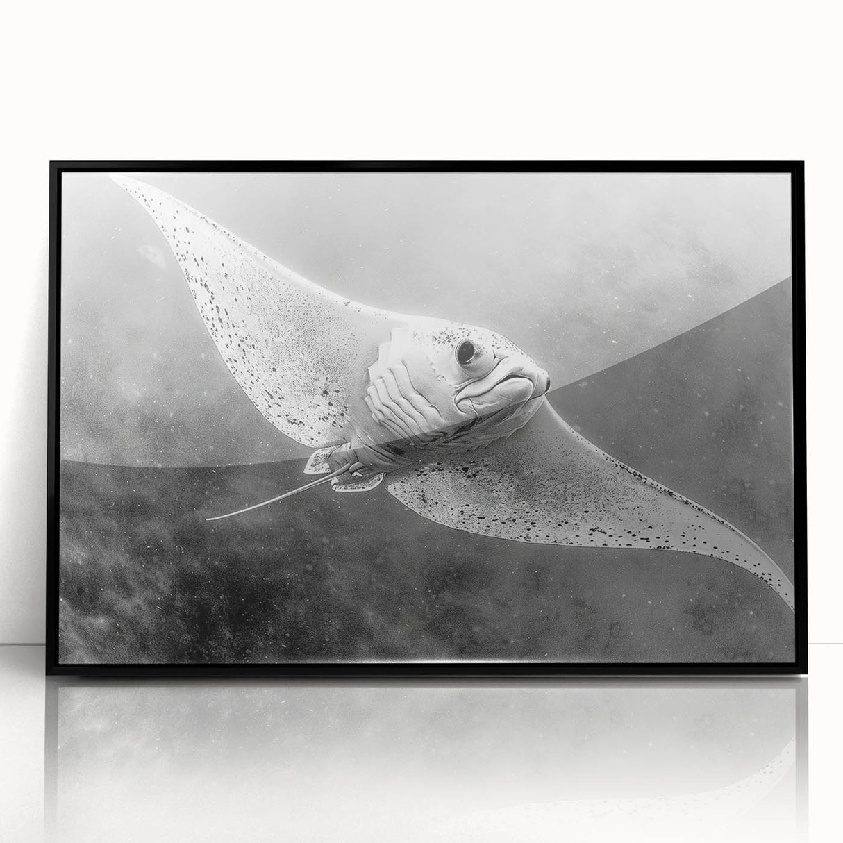 Framed wall art collection showcasing a vibrant marine life ray design, featuring a sleek black frame and acrylic finish, ideal for ocean-themed decor.