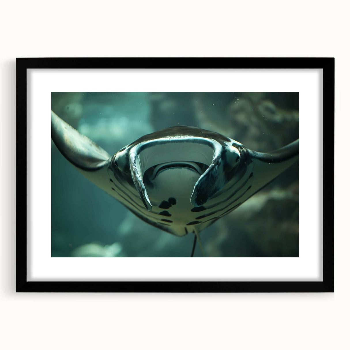 Black-framed wall art showcasing a vibrant marine life ray design, featuring intricate details and colorful patterns, perfect for ocean-themed decor.