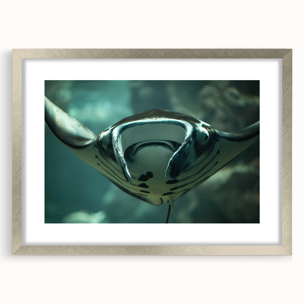 Framed wall art featuring a marine life ray design in silver, showcasing intricate details and vibrant colors, ideal for enhancing home decor and ocean-themed spaces.