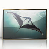 Framed acrylic wall art showcasing a vibrant marine life ray design with gold accents, elegantly displayed in a modern setting, perfect for ocean-themed decor.