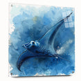 Vibrant marine life wall art collection showcasing a stunning ray design, crafted on acrylic glass, displayed from the side view with decorative pins for a modern touch.