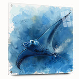 Vibrant marine life wall art collection showcasing a stunning ray design, crafted on acrylic glass, displayed from the side view with decorative pins for a modern touch.