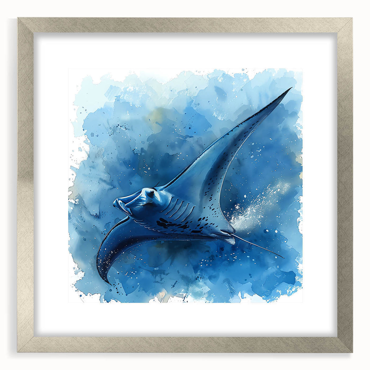 Framed marine life wall art featuring a vibrant ray design, set in a sleek silver frame with matting, perfect for ocean-themed decor. Ideal for enhancing any living space with a touch of nature.
