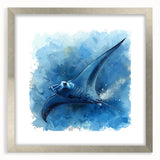 Framed marine life wall art featuring a vibrant ray design, set in a sleek silver frame with matting, perfect for ocean-themed decor. Ideal for enhancing any living space with a touch of nature.