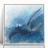 Framed wall art featuring a vibrant marine life ray design in acrylic, showcasing colorful underwater imagery with a white frame, ideal for ocean-themed decor.