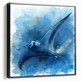 Framed canvas wall art featuring a vibrant marine life ray design, showcasing intricate details in blue and green hues, set against a sleek black frame.