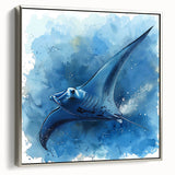 Framed wall art showcasing a marine life ray design in vibrant colors, set against a silver frame, perfect for ocean-themed decor. Ideal for home or office.