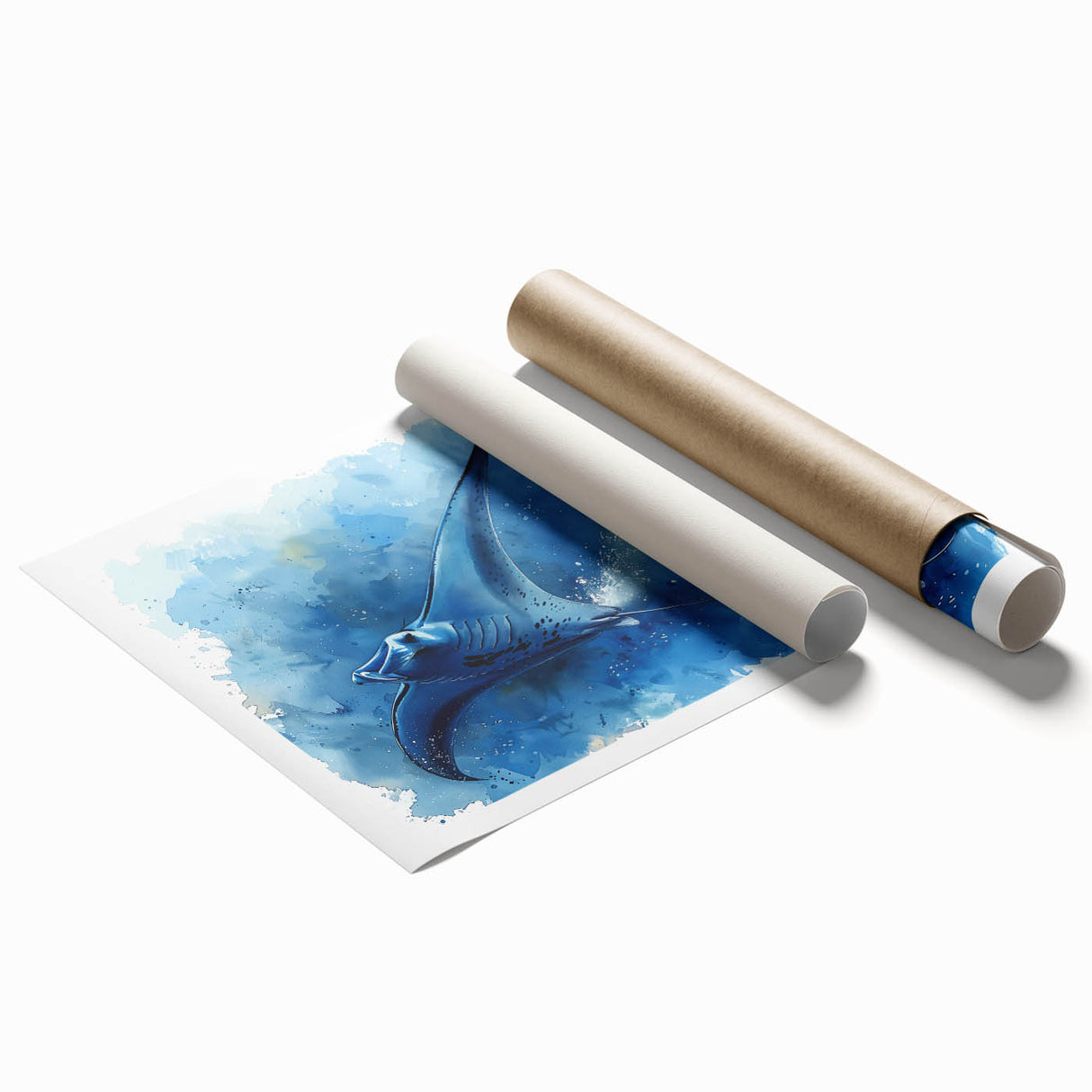 Colorful marine life wall art featuring a ray design, showcasing vibrant ocean hues and intricate details, rolled and ready for display in various settings.