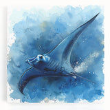 Stretched canvas wall art showcasing a vibrant marine life ray design in blue and green tones, perfect for ocean-inspired home decor, adding a lively touch to any room.