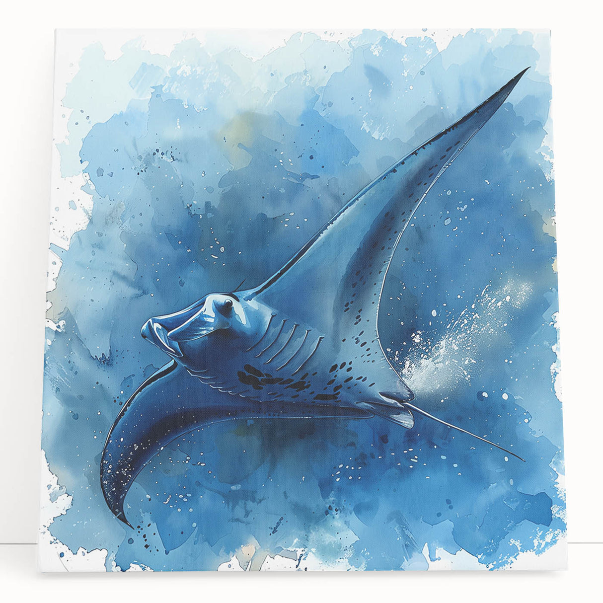 Stretched canvas wall art showcasing a marine life ray design in vibrant colors, perfect for ocean-themed decor. Ideal for adding a coastal touch to any room.