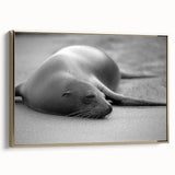Framed canvas wall art featuring a vibrant sea lion design in gold tones, showcasing intricate marine life details against a stylish backdrop, perfect for ocean-themed decor.