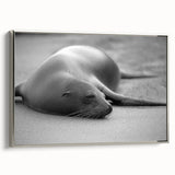 Framed wall art featuring a striking silver side view of a sea lion, showcasing detailed marine life design on canvas, perfect for ocean-themed decor.