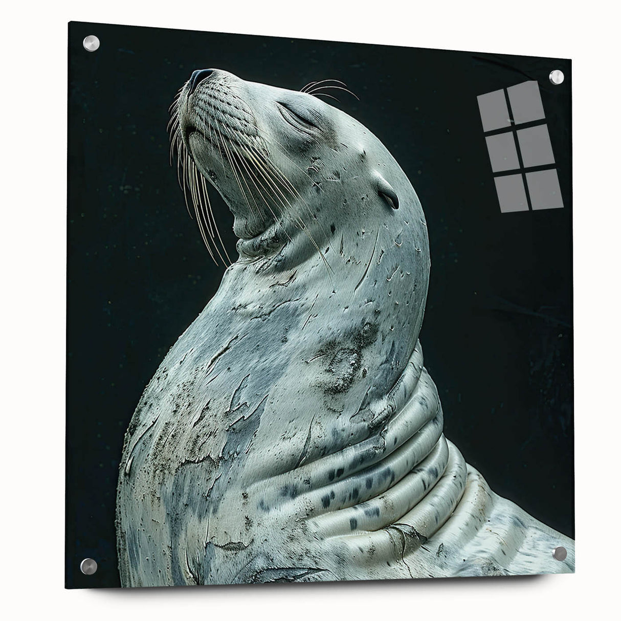 Side view of a marine life-inspired wall art piece featuring a sea lion design, printed on acrylic glass with pins for hanging, showcasing vibrant colors and detailed textures, ideal for ocean-themed decor.