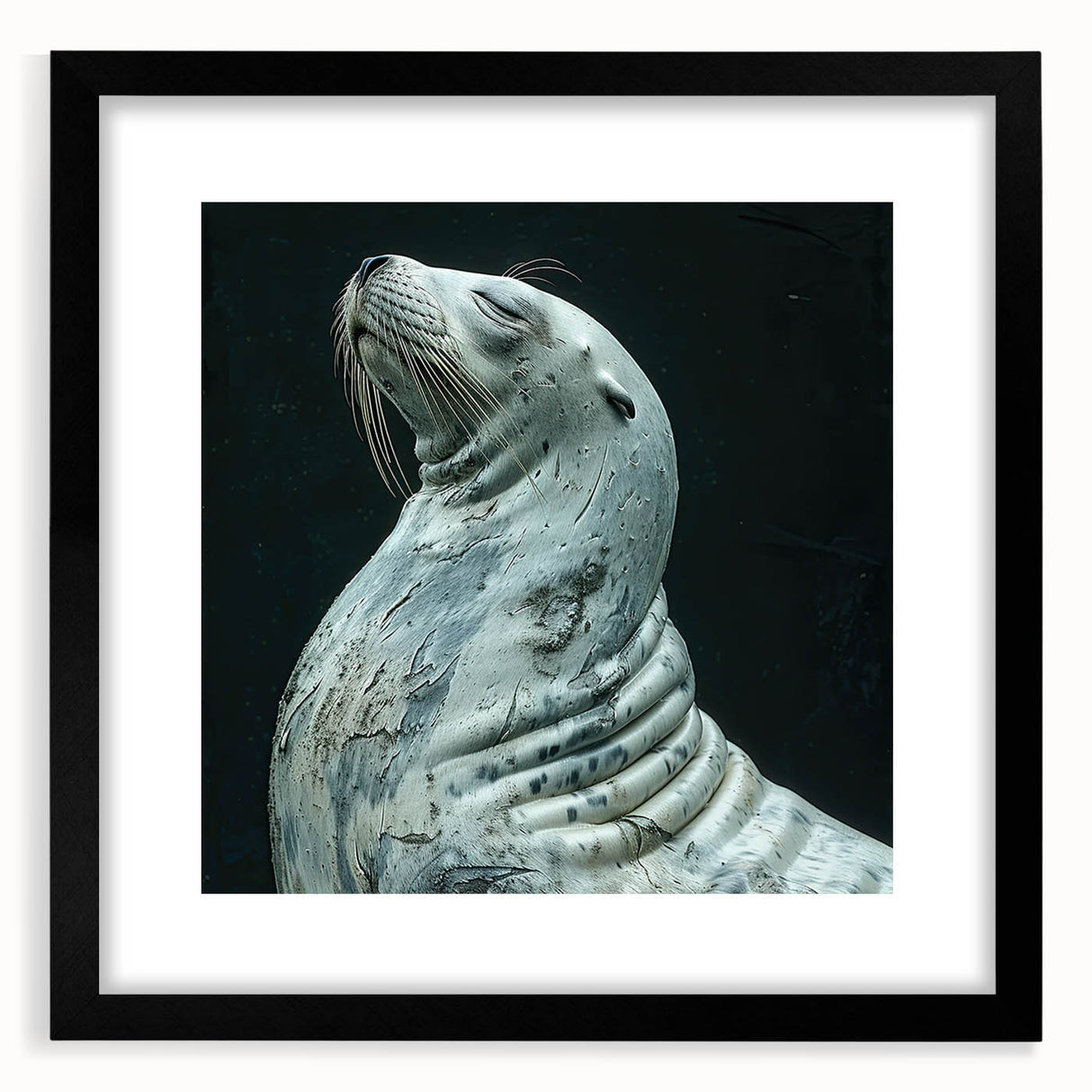Framed wall art featuring a vibrant sea lion design, showcasing detailed marine life illustration with a sleek black frame and mat, perfect for coastal decor.