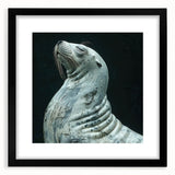 Framed wall art featuring a vibrant sea lion design, showcasing detailed marine life illustration with a sleek black frame and mat, perfect for coastal decor.