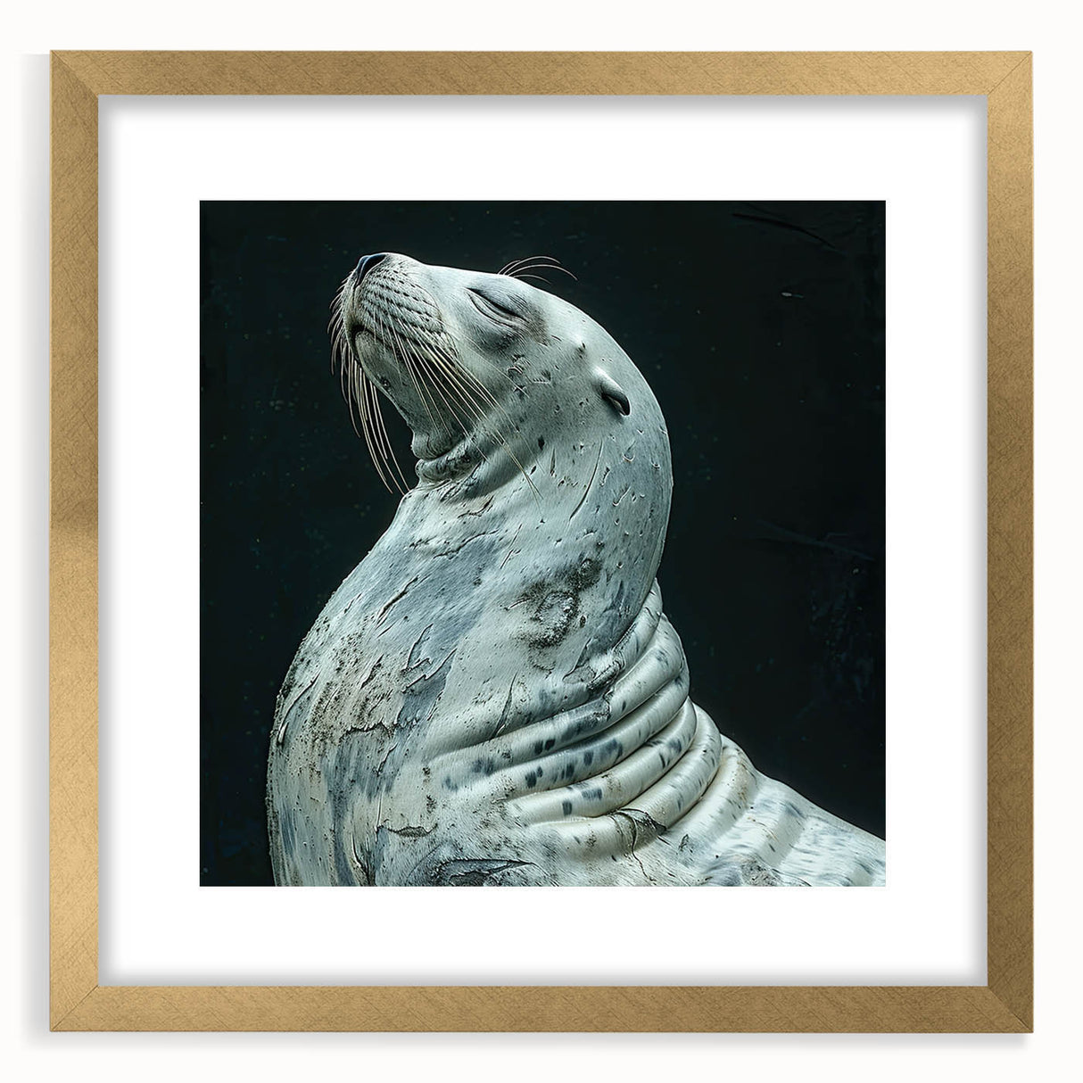 Elegant wall art featuring a sea lion design with a gold frame and mat, ideal for marine life enthusiasts. The piece showcases intricate details, perfect for home decor.