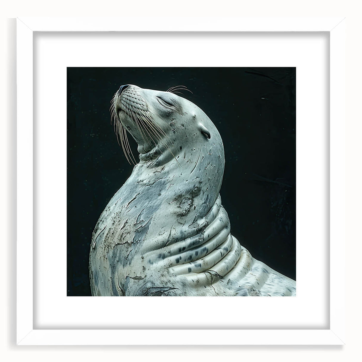 White-framed wall art featuring a vibrant marine life design of a playful sea lion, set against a textured background, perfect for ocean-themed decor.