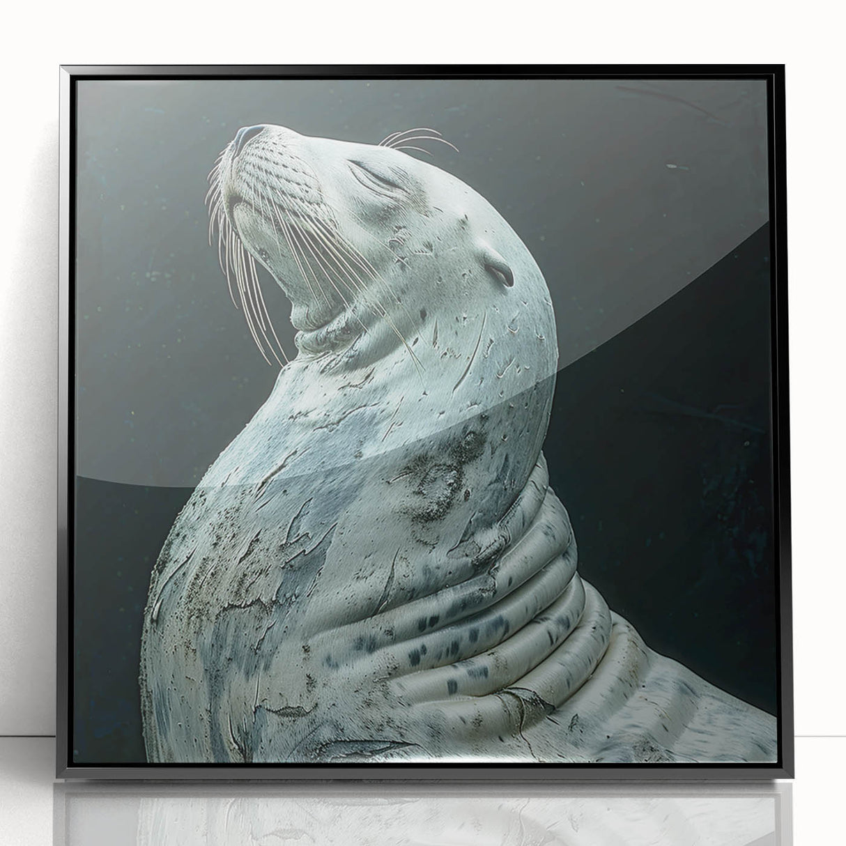Framed wall art featuring a vibrant design of a sea lion, showcasing marine life with a black frame and acrylic front, perfect for ocean-themed decor.
