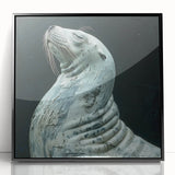Framed wall art featuring a vibrant design of a sea lion, showcasing marine life with a black frame and acrylic front, perfect for ocean-themed decor.