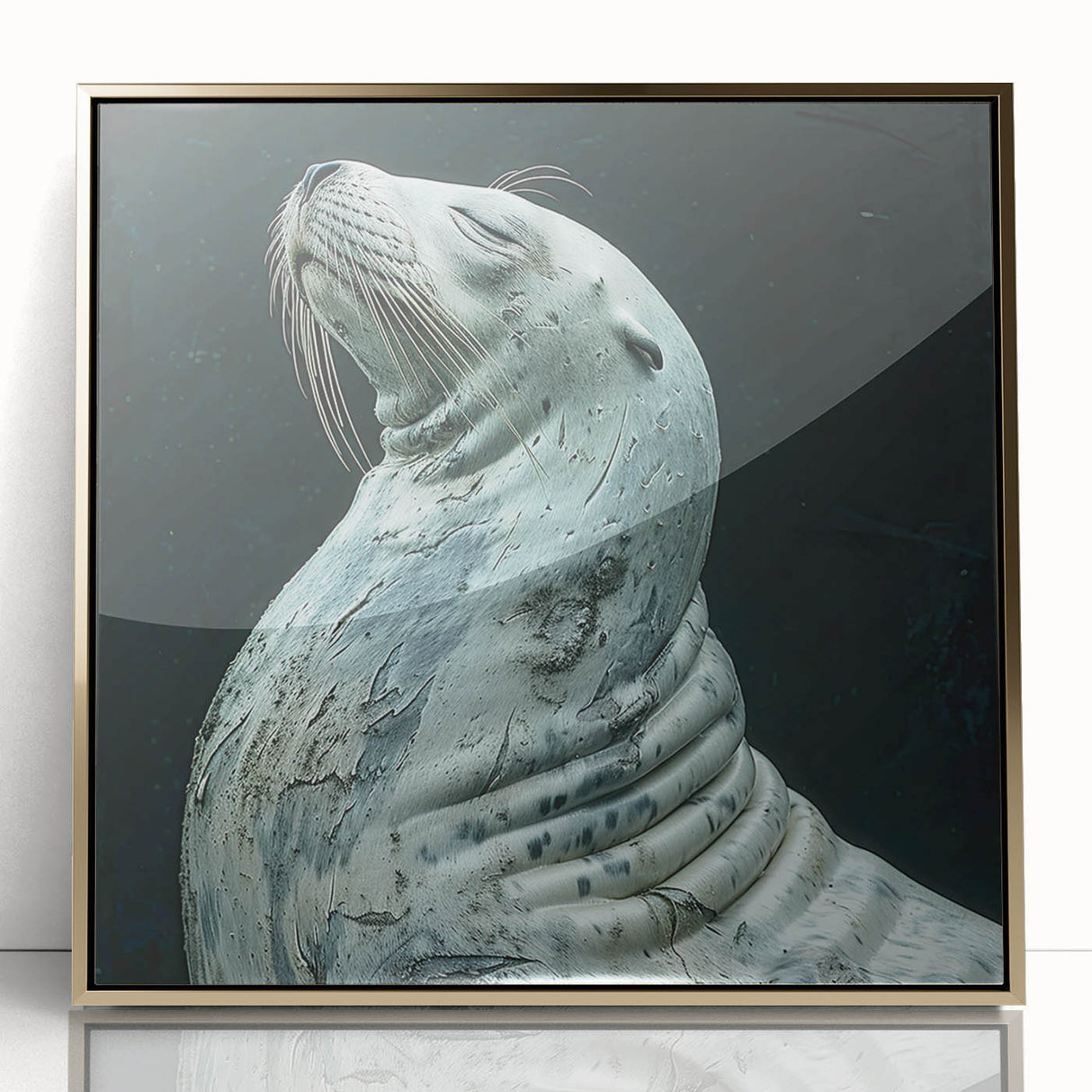 Framed wall art featuring a vibrant sea lion design, showcasing intricate details and gold accents, perfect for marine life enthusiasts and home decor.