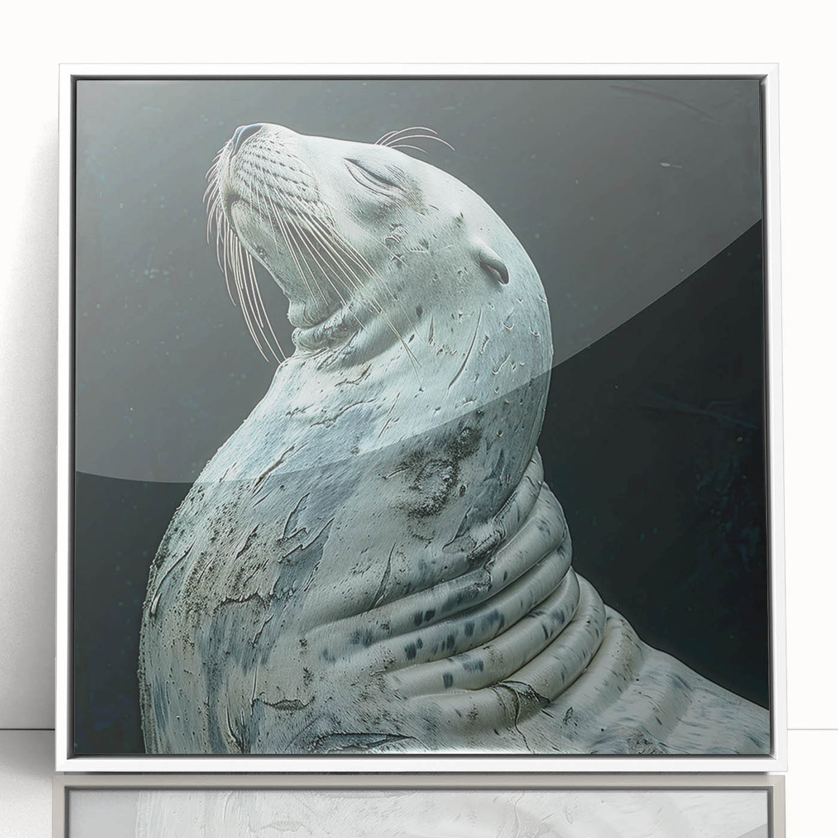 Framed acrylic wall art depicting a playful sea lion in vibrant ocean colors, designed to enhance marine-themed decor with a modern aesthetic. Perfect for nature lovers.