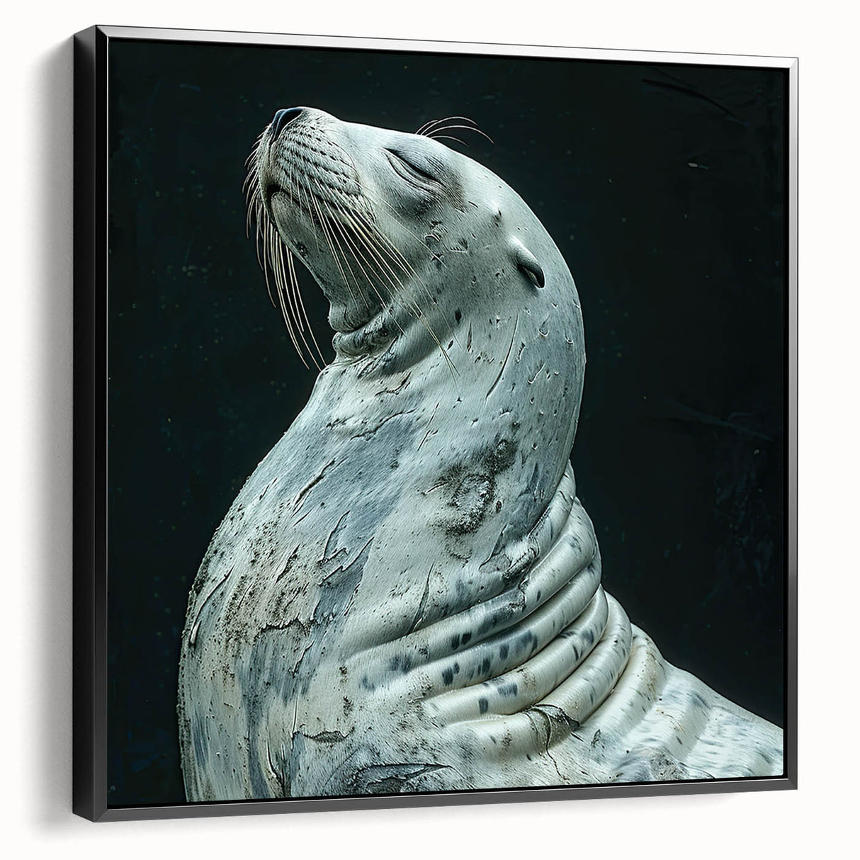 Framed canvas wall art featuring a sea lion design in vibrant colors, displayed against a black background, perfect for marine life enthusiasts looking to enhance their decor.