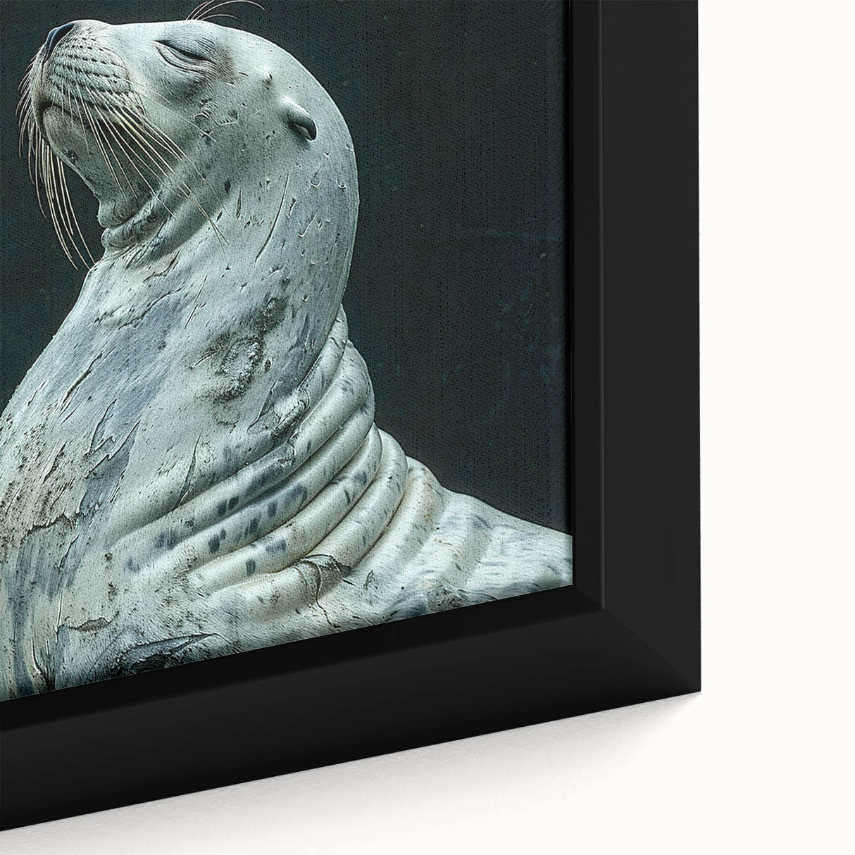 Close-up of framed canvas wall art depicting a vibrant sea lion design, showcasing intricate details and rich colors, perfect for marine life enthusiasts.