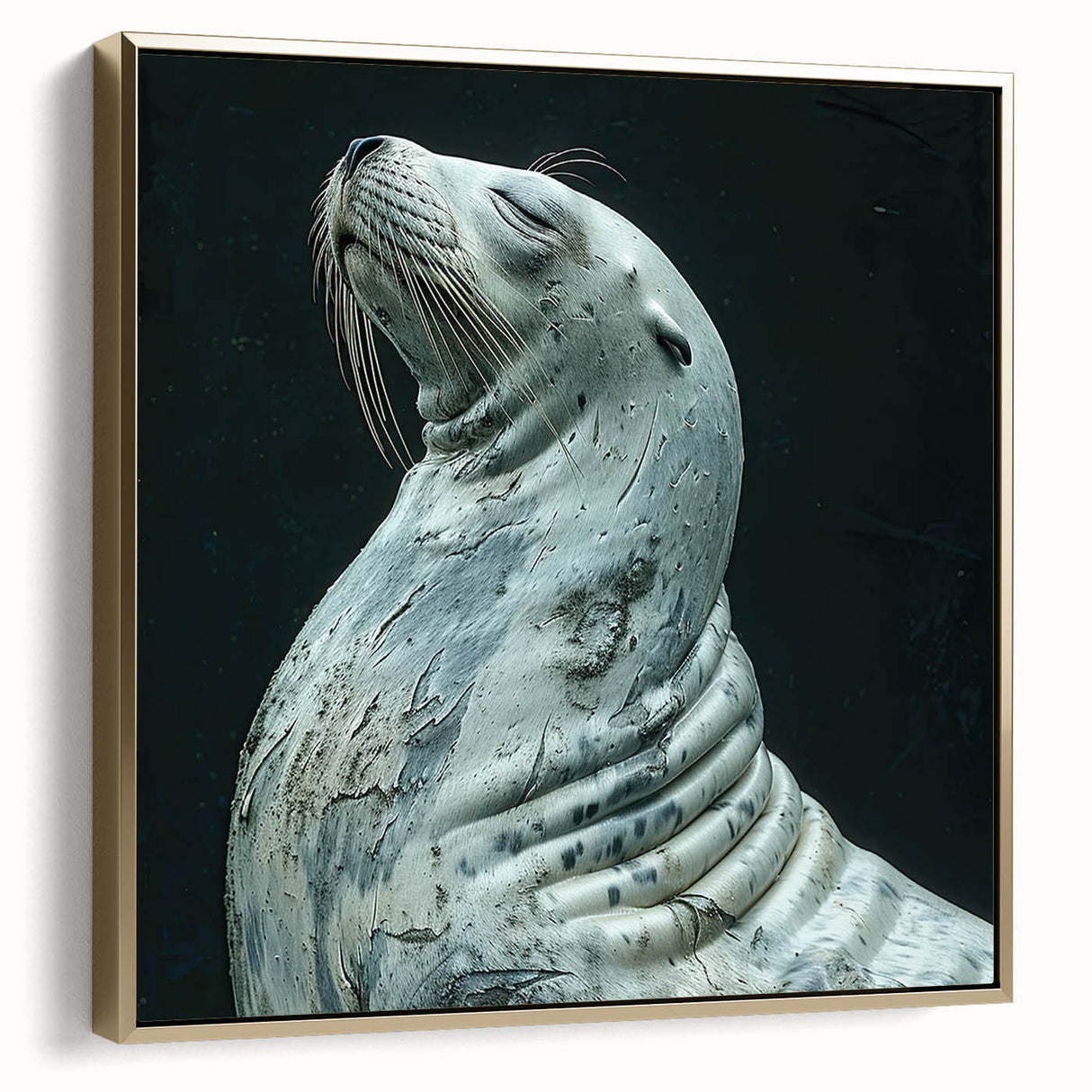 Framed wall art featuring a vibrant sea lion design against a gold background, showcasing marine life in a stylish and modern setting, perfect for ocean-themed decor.