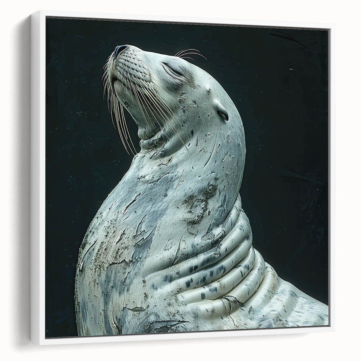 Framed canvas wall art showcasing a side view of a playful sea lion in a vibrant marine life design, perfect for ocean-themed decor and animal lovers.