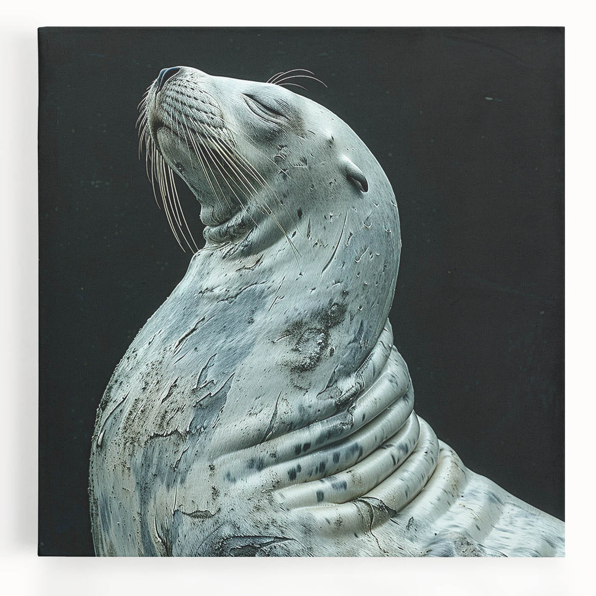 Vibrant stretched canvas wall art showcasing a playful sea lion among marine life, ideal for ocean-themed decor, featuring vivid colors and detailed design.