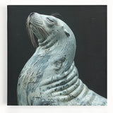 Vibrant stretched canvas wall art showcasing a playful sea lion among marine life, ideal for ocean-themed decor, featuring vivid colors and detailed design.