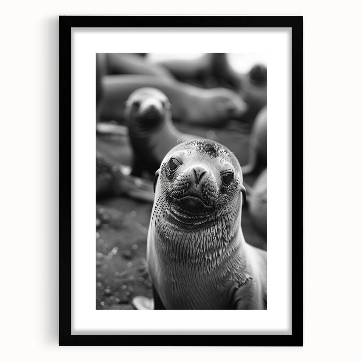 Framed wall art featuring a vibrant sea lion design in marine life theme, showcasing intricate details and a sleek black frame with matting. Perfect for ocean lovers.