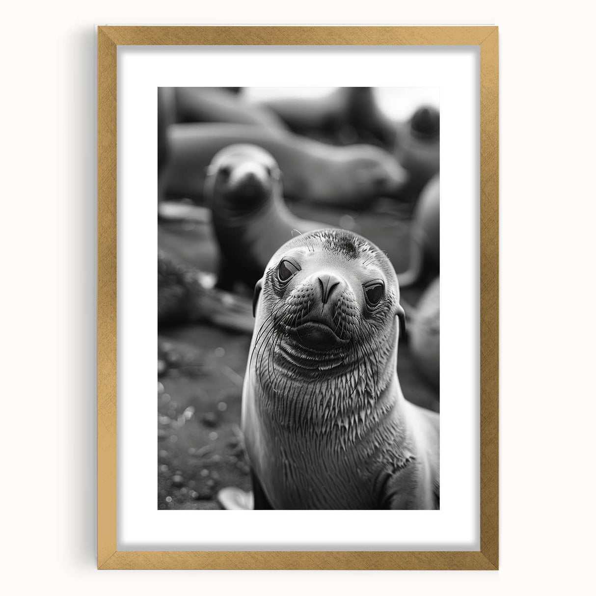 Framed wall art featuring a vibrant marine life design with a playful sea lion, elegantly set in a gold frame with a mat. Perfect for ocean-themed decor.