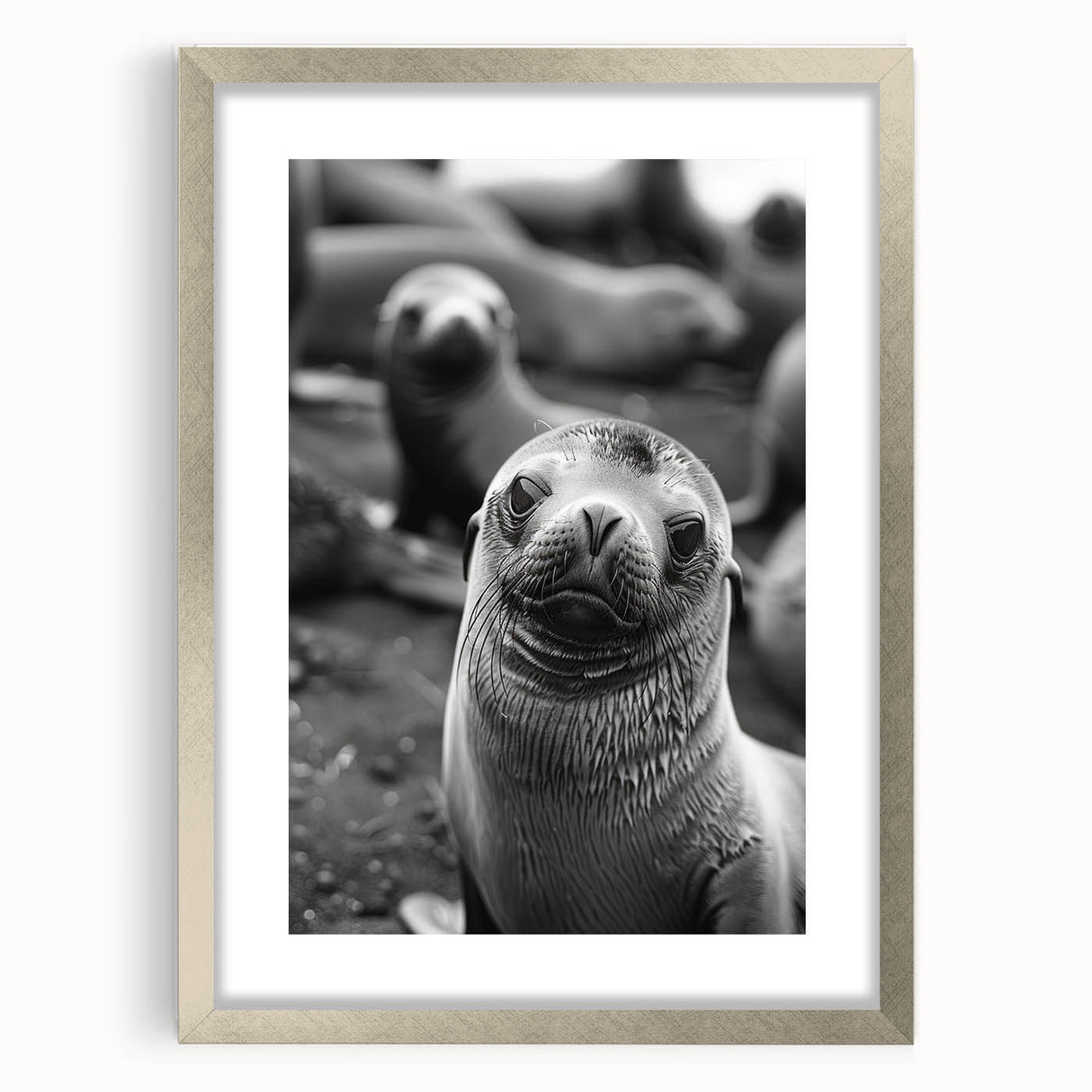 Framed wall art featuring a vibrant sea lion design, showcasing detailed marine life illustration in a stylish silver frame with a mat, perfect for ocean-themed decor.
