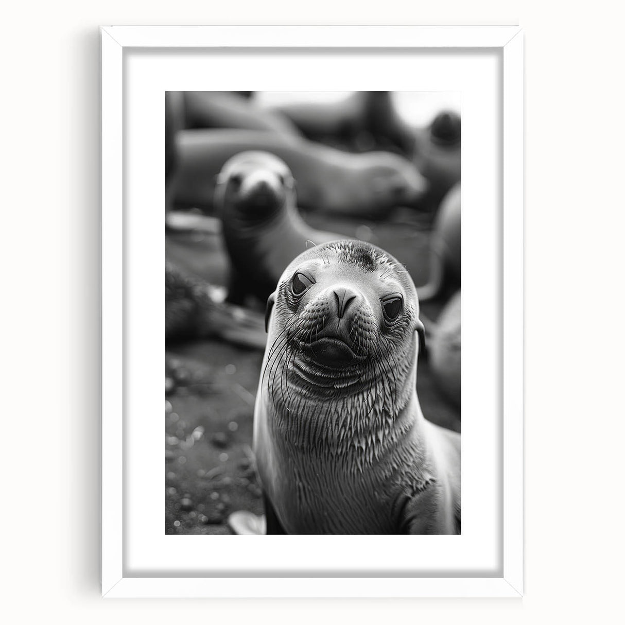 Framed wall art featuring a playful sea lion design in vibrant colors, set against a white mat, ideal for marine life enthusiasts and ocean-themed decor.
