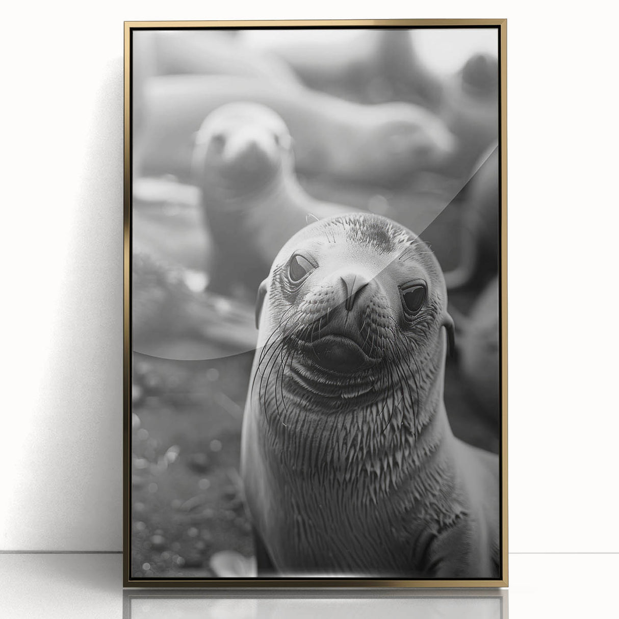 Framed acrylic wall art showcasing a vibrant sea lion design, featuring gold accents and a contemporary style, perfect for marine-themed home decor.