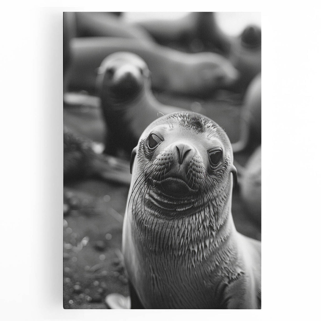 Vibrant sea lion wall art design on stretched canvas, showcasing detailed marine life imagery with rich colors, ideal for ocean-themed decor in living spaces.