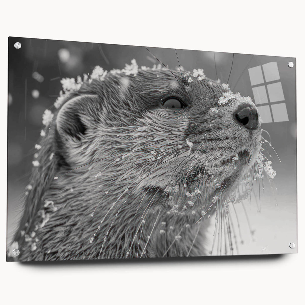 Acrylic wall art piece featuring a whimsical sea otter design, showcasing vibrant colors and fine detailing, displayed at a side angle with mounting pins visible.
