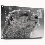 Acrylic wall art piece featuring a whimsical sea otter design, showcasing vibrant colors and fine detailing, displayed at a side angle with mounting pins visible.