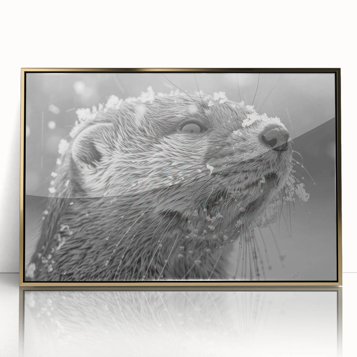 Framed wall art featuring a vibrant marine life design with a playful sea otter, presented in a gold-accented frame, ideal for ocean-themed decor.