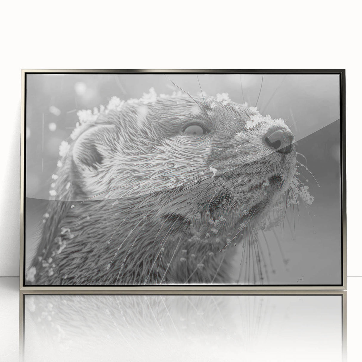 Framed wall art showcasing a playful sea otter design in vibrant colors, presented in a sleek silver frame, perfect for marine life enthusiasts.