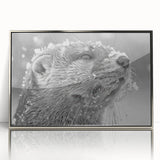 Framed wall art showcasing a playful sea otter design in vibrant colors, presented in a sleek silver frame, perfect for marine life enthusiasts.