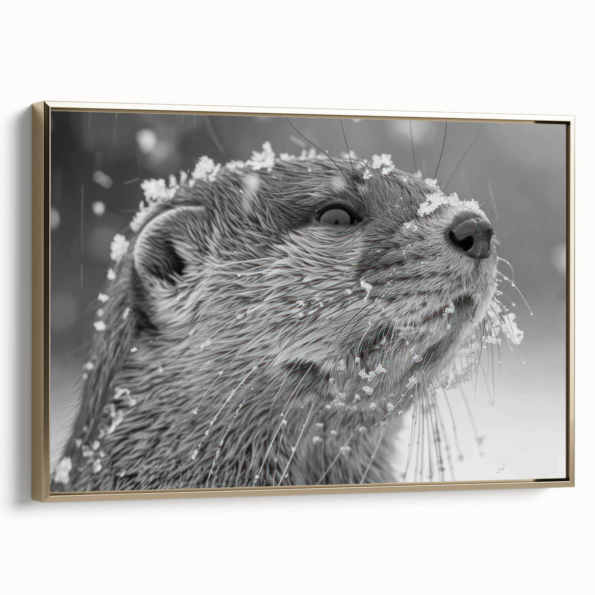 Framed wall art featuring a detailed illustration of a sea otter swimming among vibrant marine life, accented with a gold frame, perfect for ocean-themed decor.