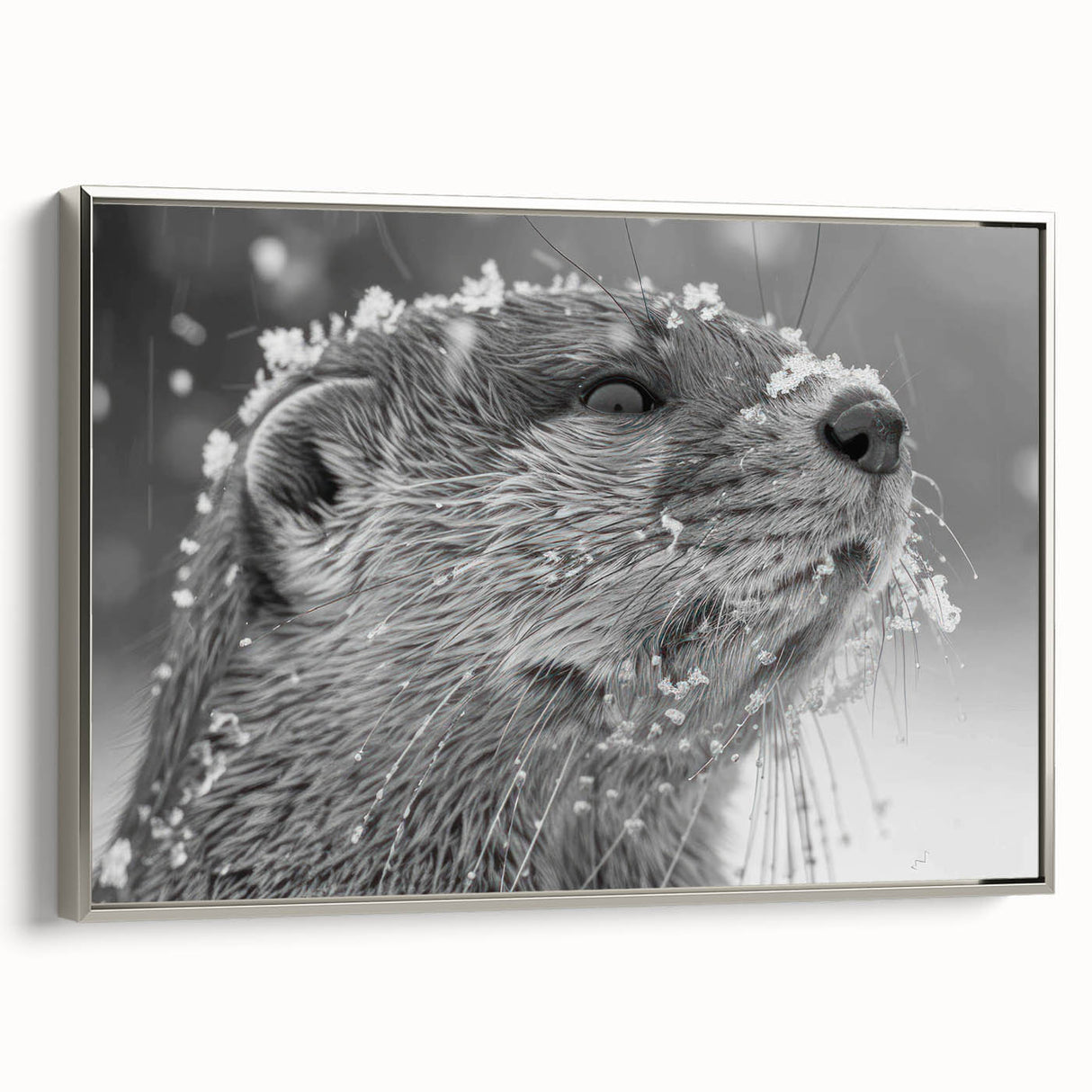 Framed wall art featuring a playful sea otter design on a canvas with silver accents, showcasing marine life in vibrant colors, ideal for ocean-themed decor.