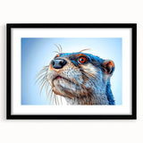 Framed wall art featuring a vibrant design of a sea otter among marine life, presented in a sleek black frame with a mat, perfect for ocean-themed decor.