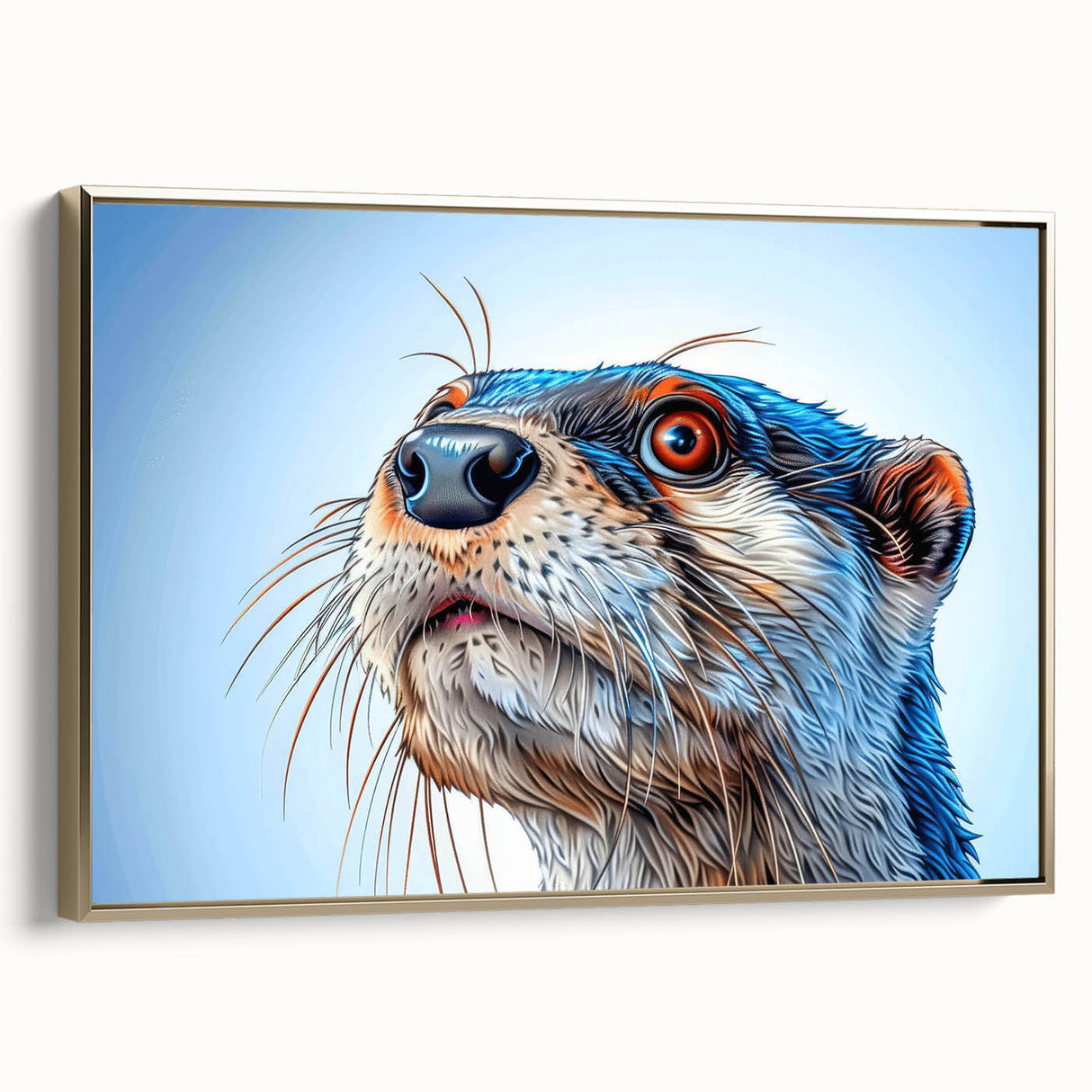 Framed canvas wall art of a playful sea otter in a vibrant underwater scene, featuring intricate marine life details and a gold frame for an elegant touch.
