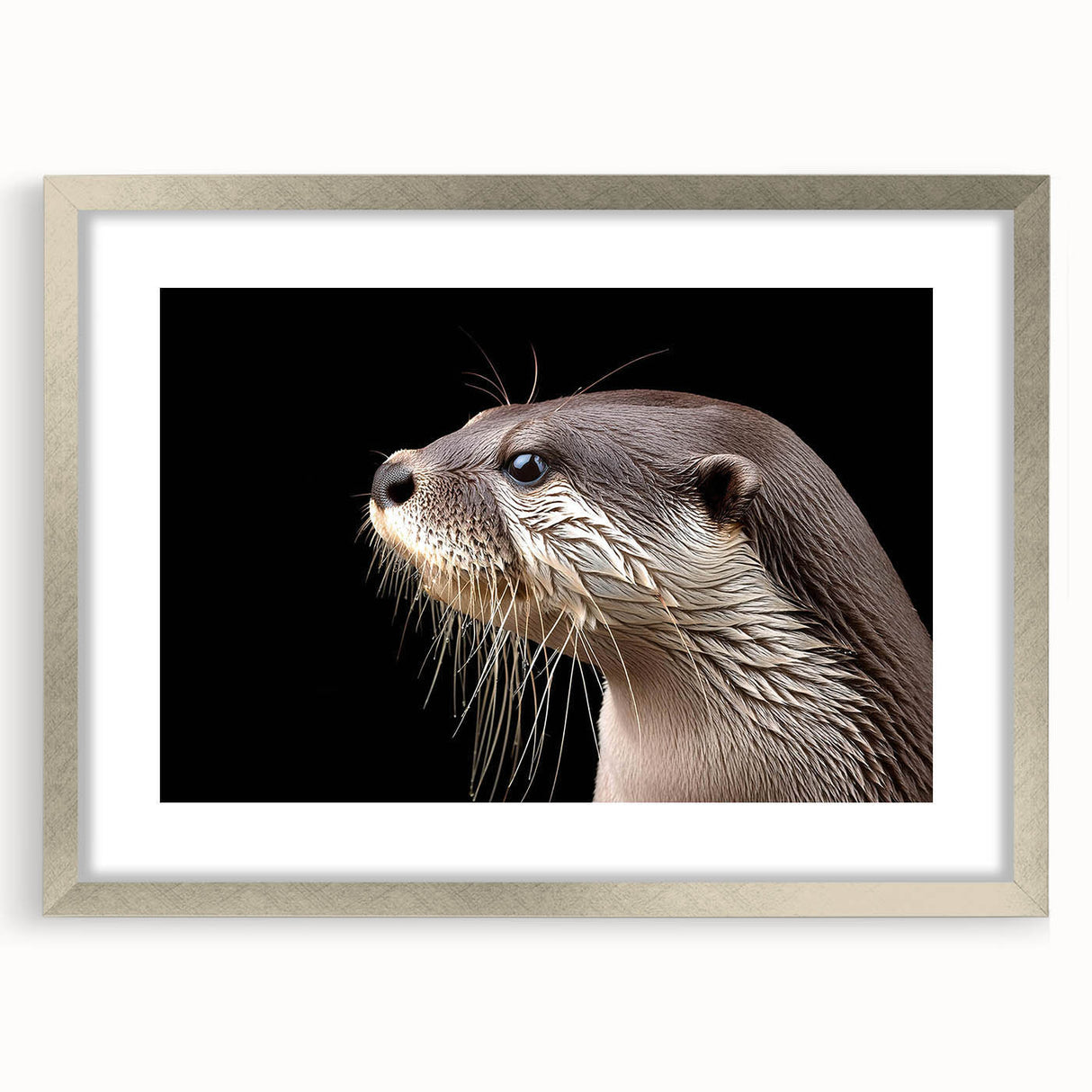 Framed wall art print showcasing a vibrant sea otter design set against a serene marine life backdrop, featuring a sleek silver frame and white matting. Perfect for ocean lovers.