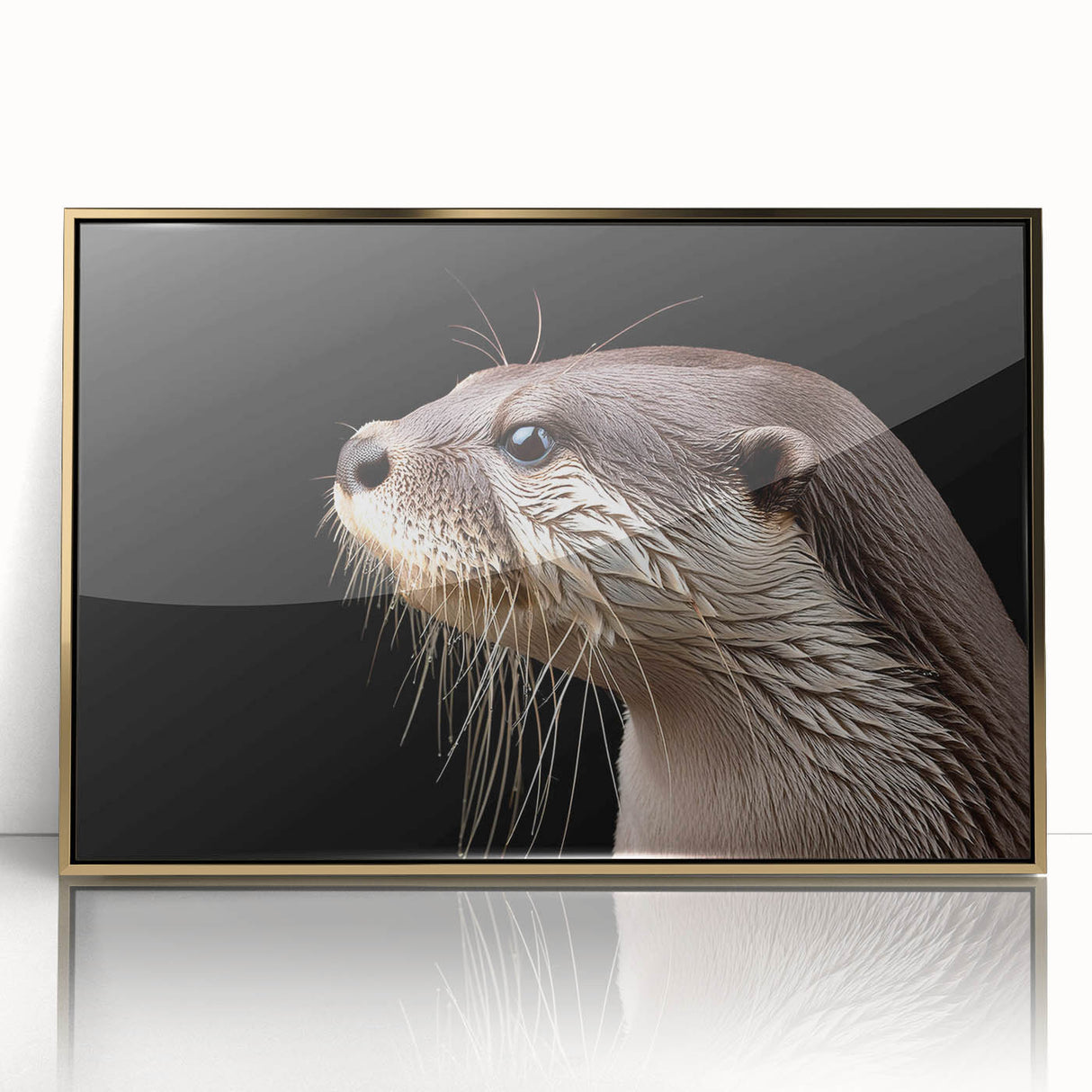 Framed wall art featuring a vibrant sea otter design in a gold-acrylic frame, showcasing marine life in a playful underwater scene. Ideal for ocean-themed decor.