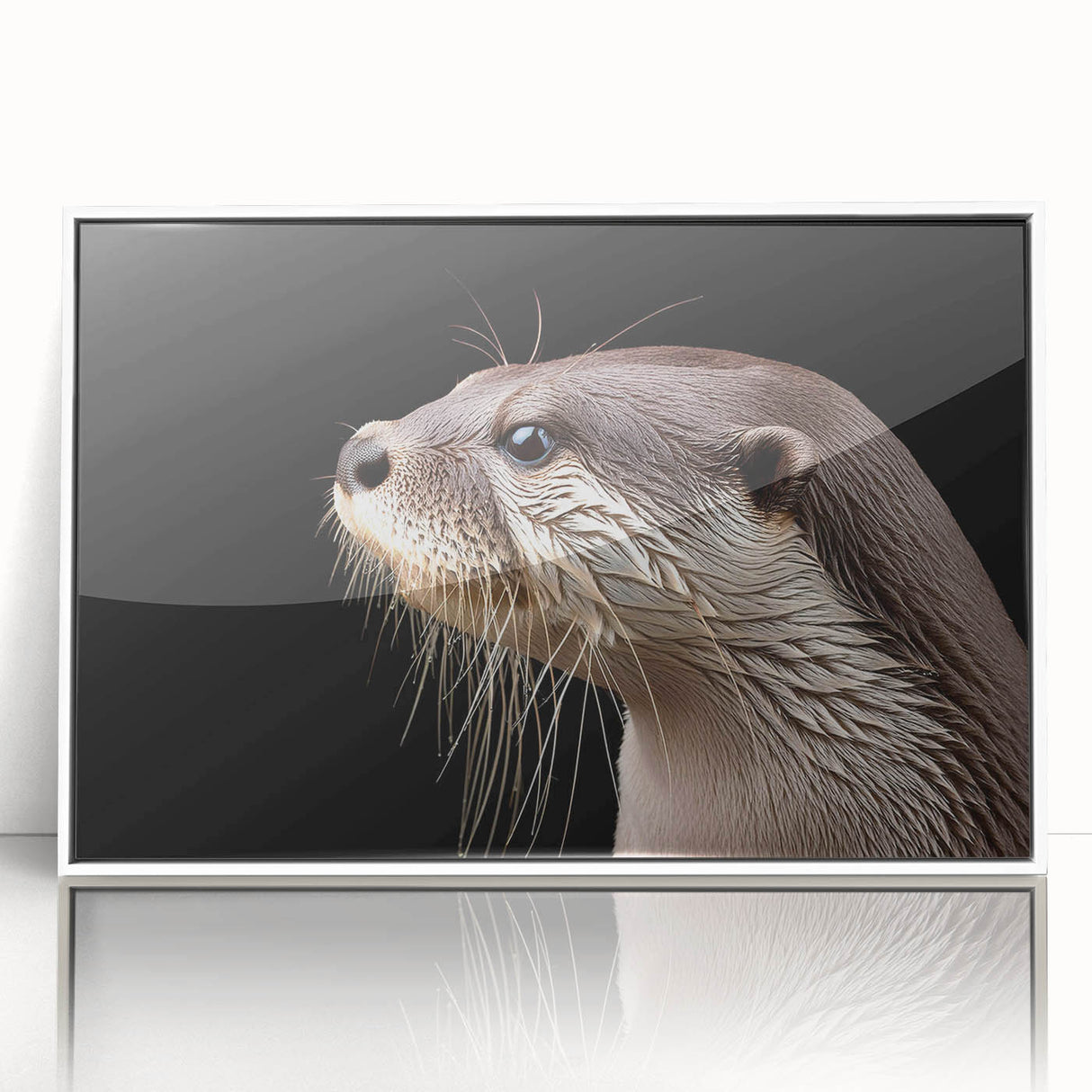 Framed wall art collection showcasing a vibrant sea otter design with marine life elements, featuring a sleek white frame and acrylic front. Ideal for ocean-themed decor.