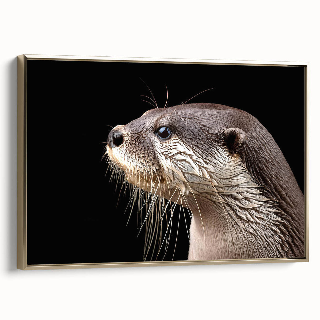 Framed wall art showcasing a vibrant sea otter design in a playful pose, set against a gold background, perfect for marine life enthusiasts.